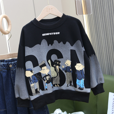 痞帅男童卫衣秋季黑色2025新款儿童秋冬款打底衫大童加绒加厚上衣