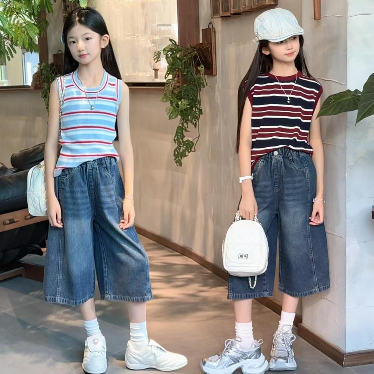 女童夏季条纹背心牛仔中裤洋气韩版宽松运动休闲中大童七分裤套装