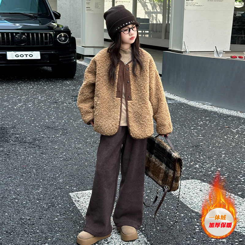 女童秋冬加厚皮毛一体外套半高领打底衫加绒阔腿裤气质时髦三件套