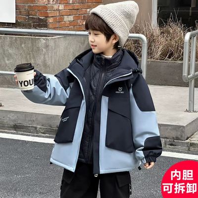 男童夹棉外套2025新款儿童冲锋衣三合一可拆卸男孩青少年加厚冬装