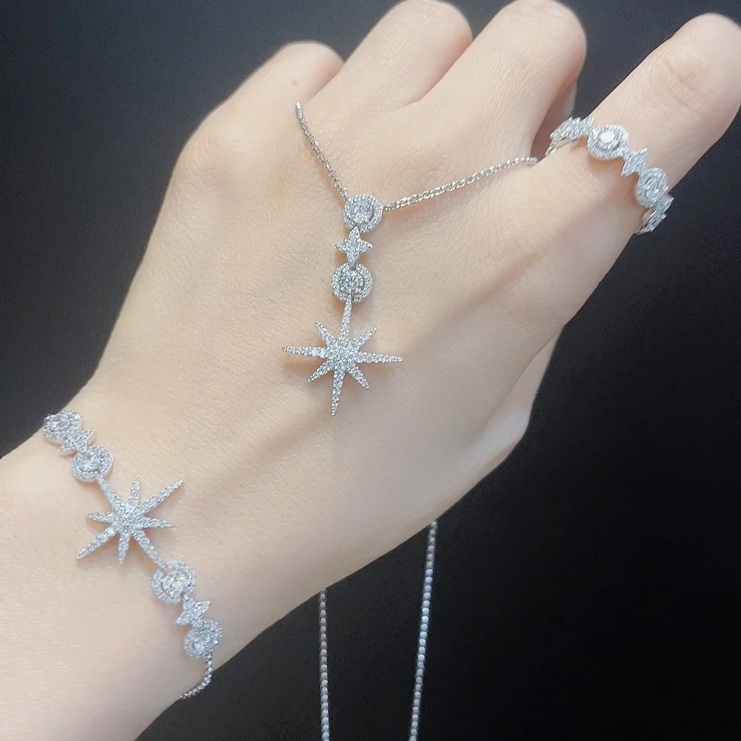 密镶流星与圆圈可调节项链女六芒星手链项链耳钉戒指七夕送女友