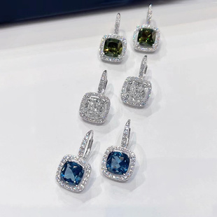 镶钻方形卡其色耳环海军蓝圈形精致女耳钉银气质前卫礼物