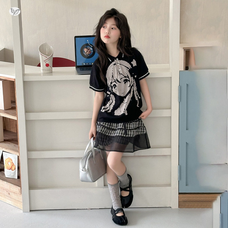 女童2026年夏季新款韩版卡通印花POLO衫短袖T恤短裙套装蛋糕裙裤