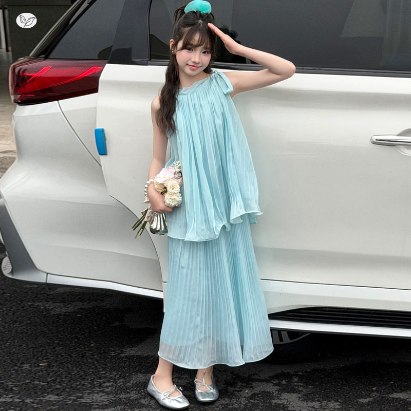 女童套装2026夏季新款中大童挂脖蝴蝶结上衣半身裙长裙两件套洋气
