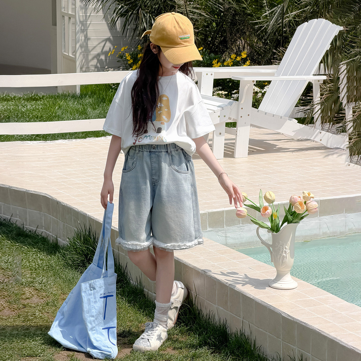 女童2026年夏季新款花边牛仔短裤中大童韩版宽松大裤腿五分裤