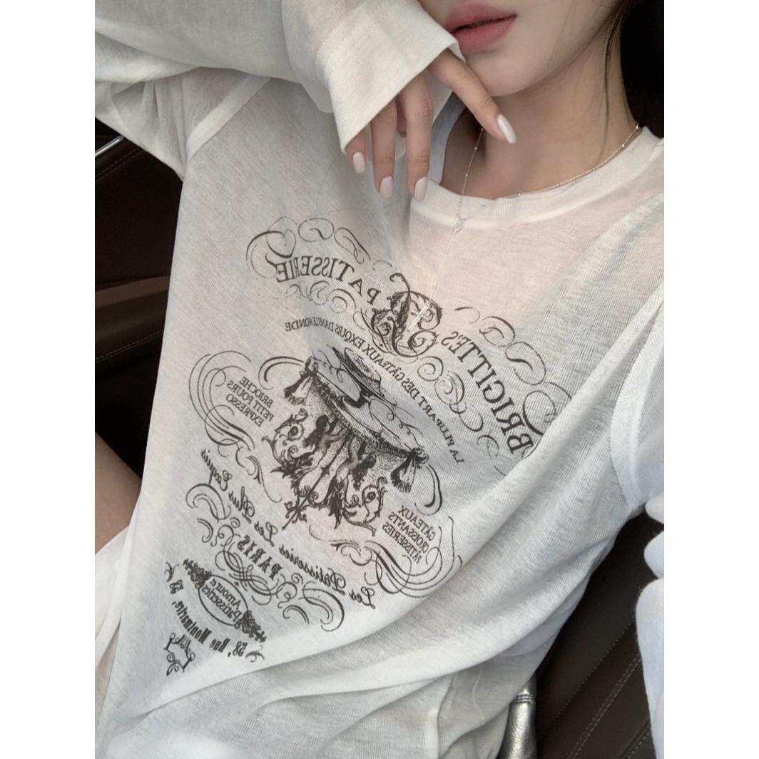 夏慵懒风字母印花薄款宽松透视防晒T恤女长袖空调衫罩衫
