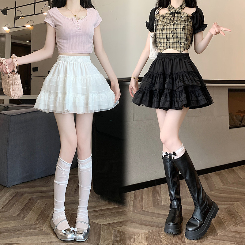 白色蕾丝蛋糕裙半身裙女夏季高腰a字裙芭蕾风公主蓬蓬裙短裙