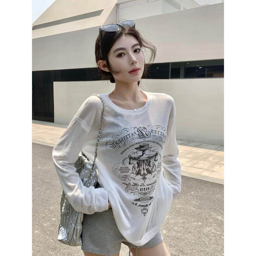 夏慵懒风字母印花薄款宽松透视防晒T恤女长袖空调衫罩衫