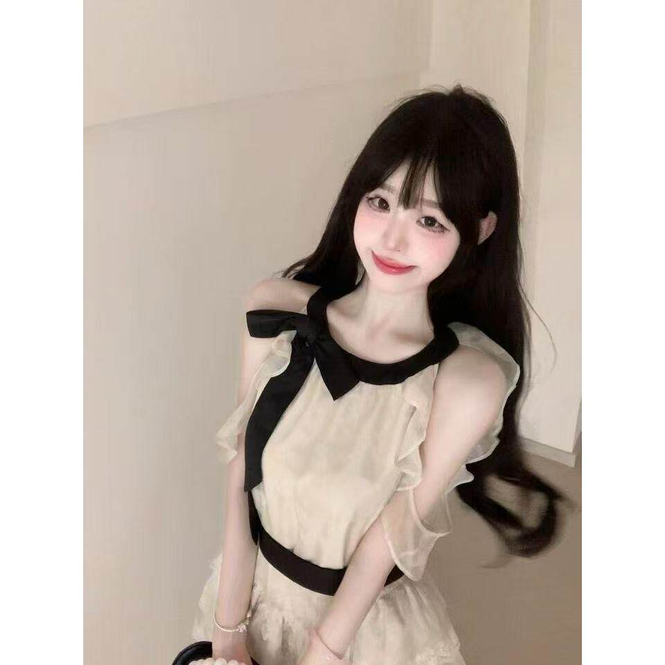 韩系氛围感穿搭法式露肩连衣裙女夏新款生日小礼服高级感蛋糕裙子