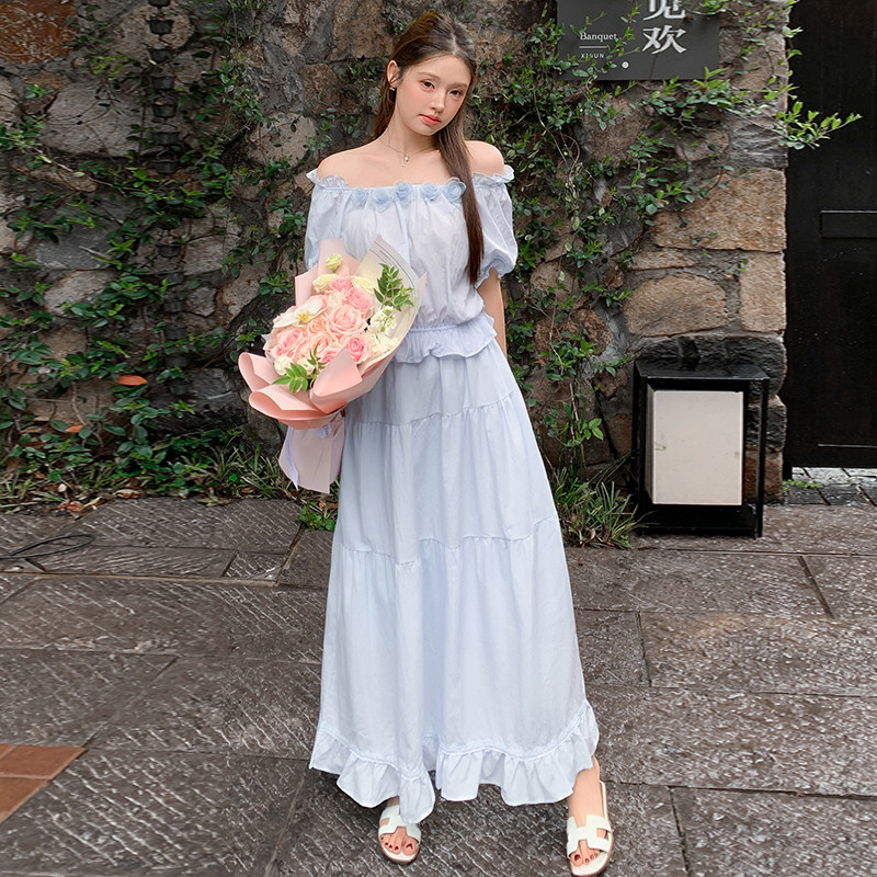法式浅蓝色两件套女夏季新款吊带上衣高腰显瘦半身长裙温柔风套装