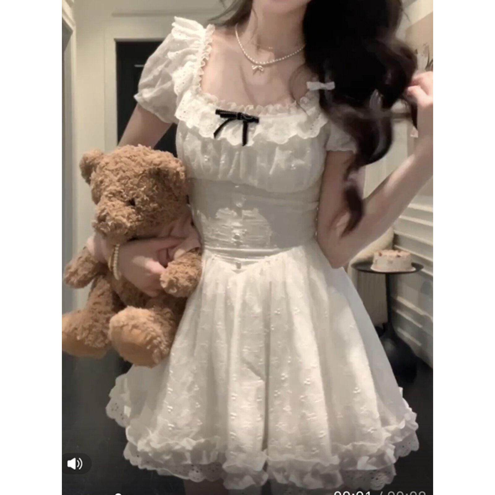 初恋白月光短袖掐腰小个子连衣裙女夏日绝美甜美白色公主蓬蓬裙子