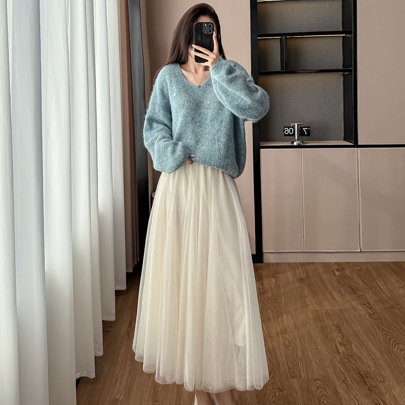 高腰a字杏色网纱仙女半身裙女小香风设计感针织毛衣裙子两件套装