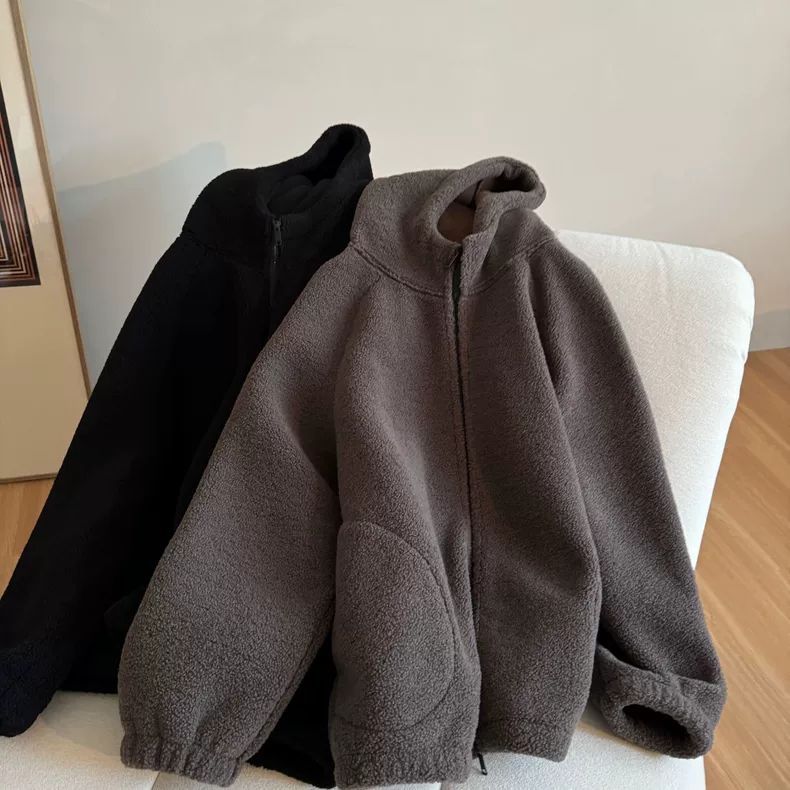 大码保暖羔羔毛绒连帽外套女秋冬