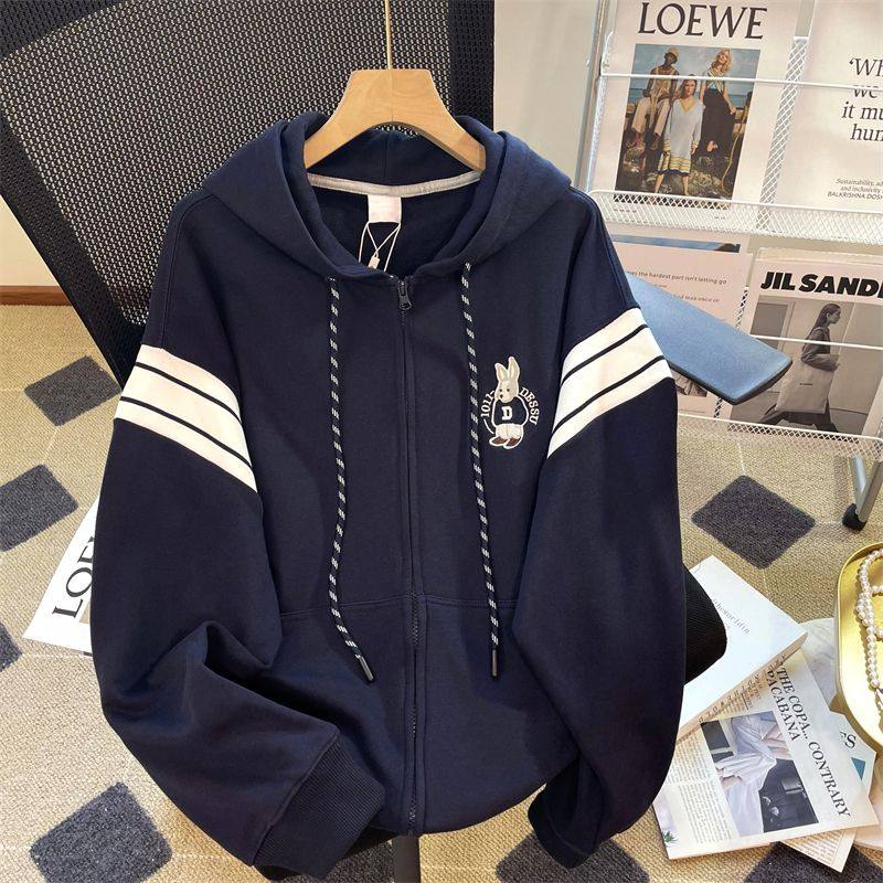 2-300斤特大码设计感时尚拉链连帽卫衣女春秋宽松休闲开衫薄外套