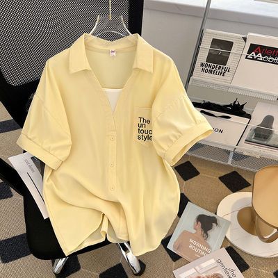 大码2-300斤设计感正肩V领短袖衬衫女夏季宽松遮肚子假两件上衣潮