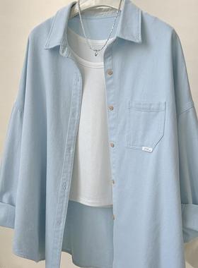 大码2-300斤港风痞帅bf蓝色衬衫女宽松口袋显瘦百搭长袖衬衣外套