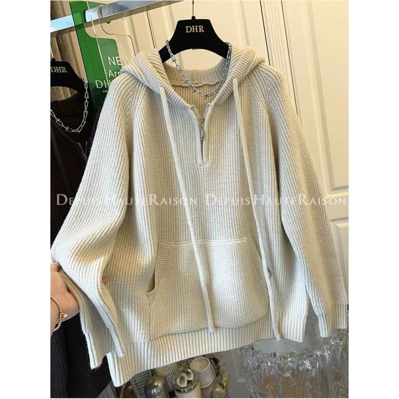 大码半拉链连帽毛衣针织衫女秋冬