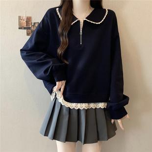 胖mm大码蕾丝半拉链翻领卫衣女秋冬加绒加厚设计感假两件洋气上衣