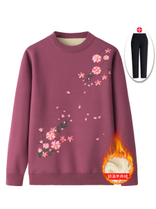 中老年人妈妈红色保暖毛衣女奶奶秋装加绒加厚老人打底衫上衣冬季