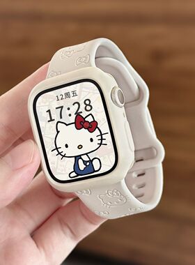 星光色KT猫印花硅胶蝴蝶扣表带适用苹果applewatch S10987654代SE