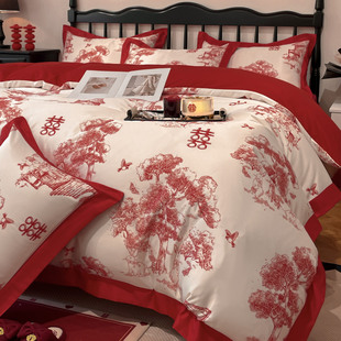 高档中式 印花被套结婚床单新婚高级感床品 婚庆床上四件套红色数码