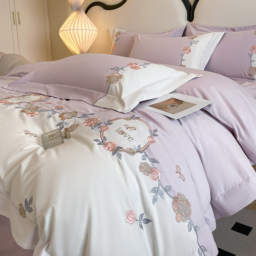 A类轻奢200支全棉四件套高档花卉刺绣被套罩纯棉床笠床单床上用品