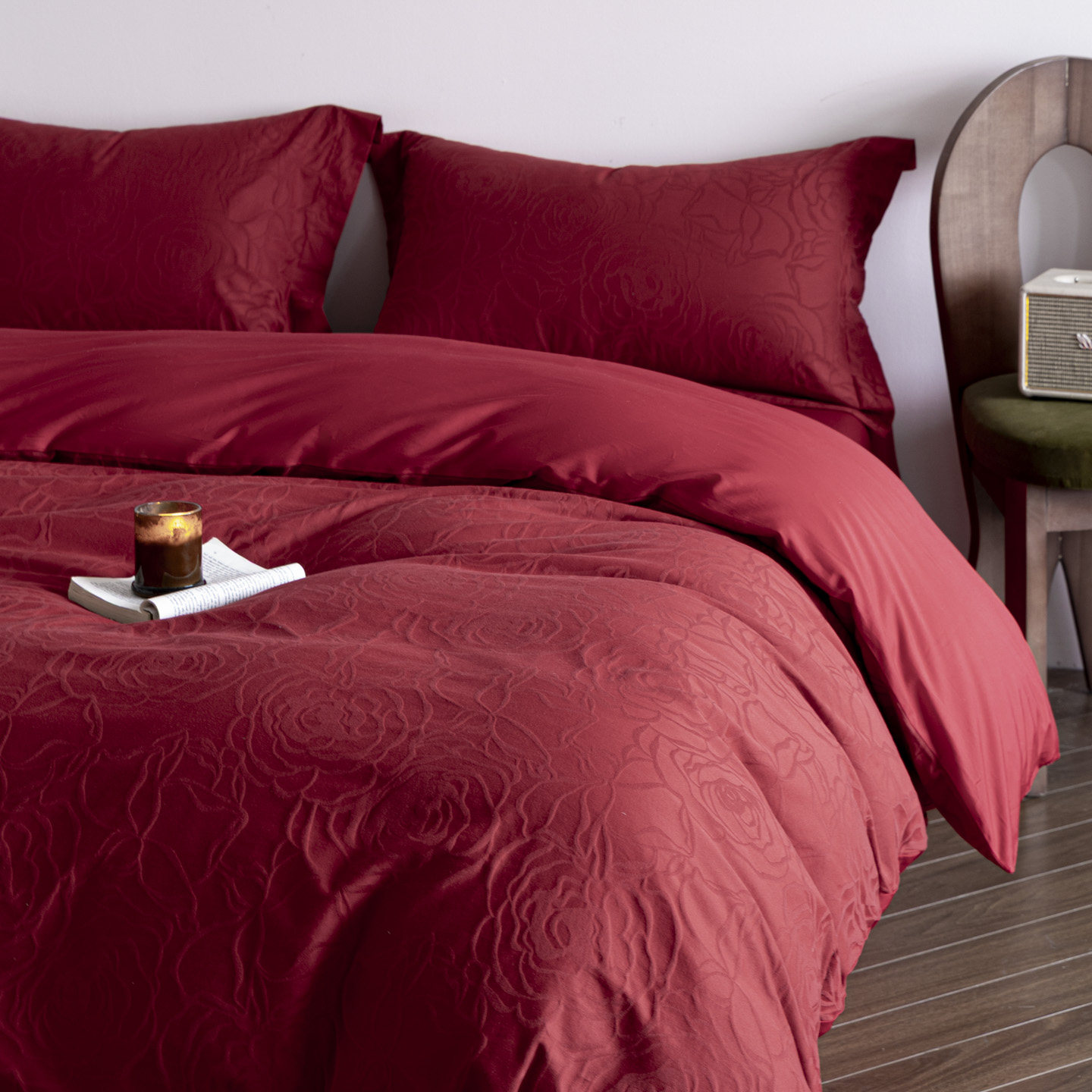 高档结婚四件套轻奢玫瑰提花红色纯棉婚庆喜被套新婚陪嫁床上用品