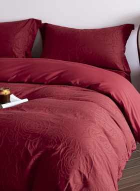 高档结婚四件套轻奢玫瑰提花红色纯棉婚庆喜被套新婚陪嫁床上用品