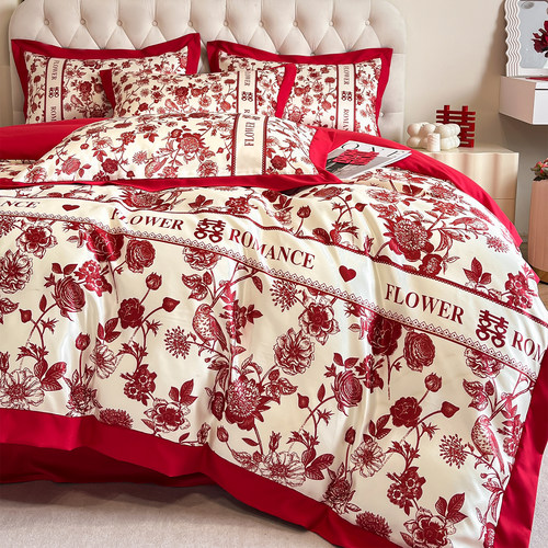 高级感数码印花浪漫婚庆四件套红色结婚房陪嫁喜被套床单床上用品