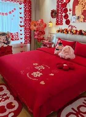 高级感结婚四件套红色简约刺绣被套陪嫁喜被纯棉婚庆床上用品婚房