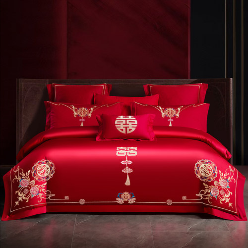 高档结婚四件套婚庆红色喜被床单双喜刺绣被套新婚房床上用品陪嫁