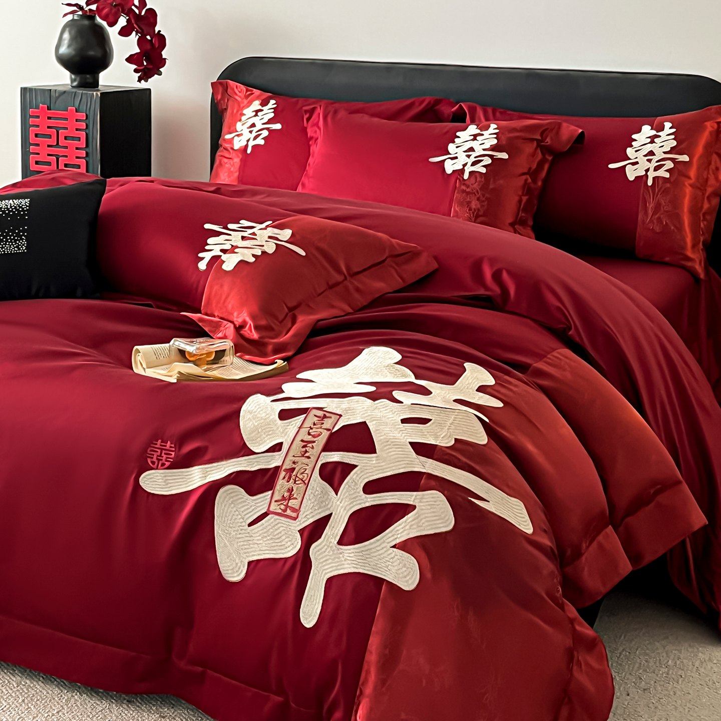 高档结婚四件套婚庆红色双喜刺绣被套纯棉新婚嫁备婚酒红床上用品,床上用品,婚庆床品套件,淘宝优惠券,粉丝福利购,淘宝优惠卷