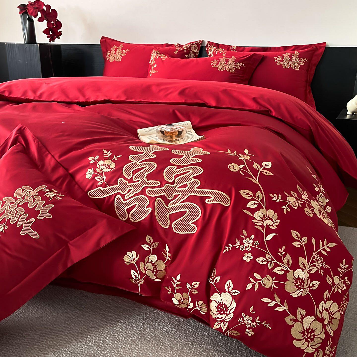 高档新中式结婚四件套婚庆红色纯棉喜被刺绣被套婚房陪嫁床上用品