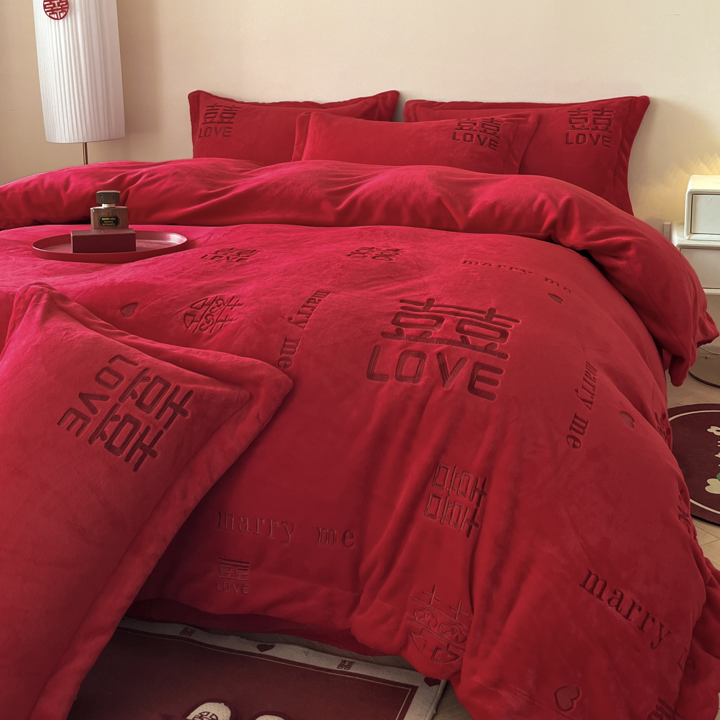 中式牛奶绒婚庆四件套冬季加厚珊瑚绒被套大红色喜被结婚床上用品