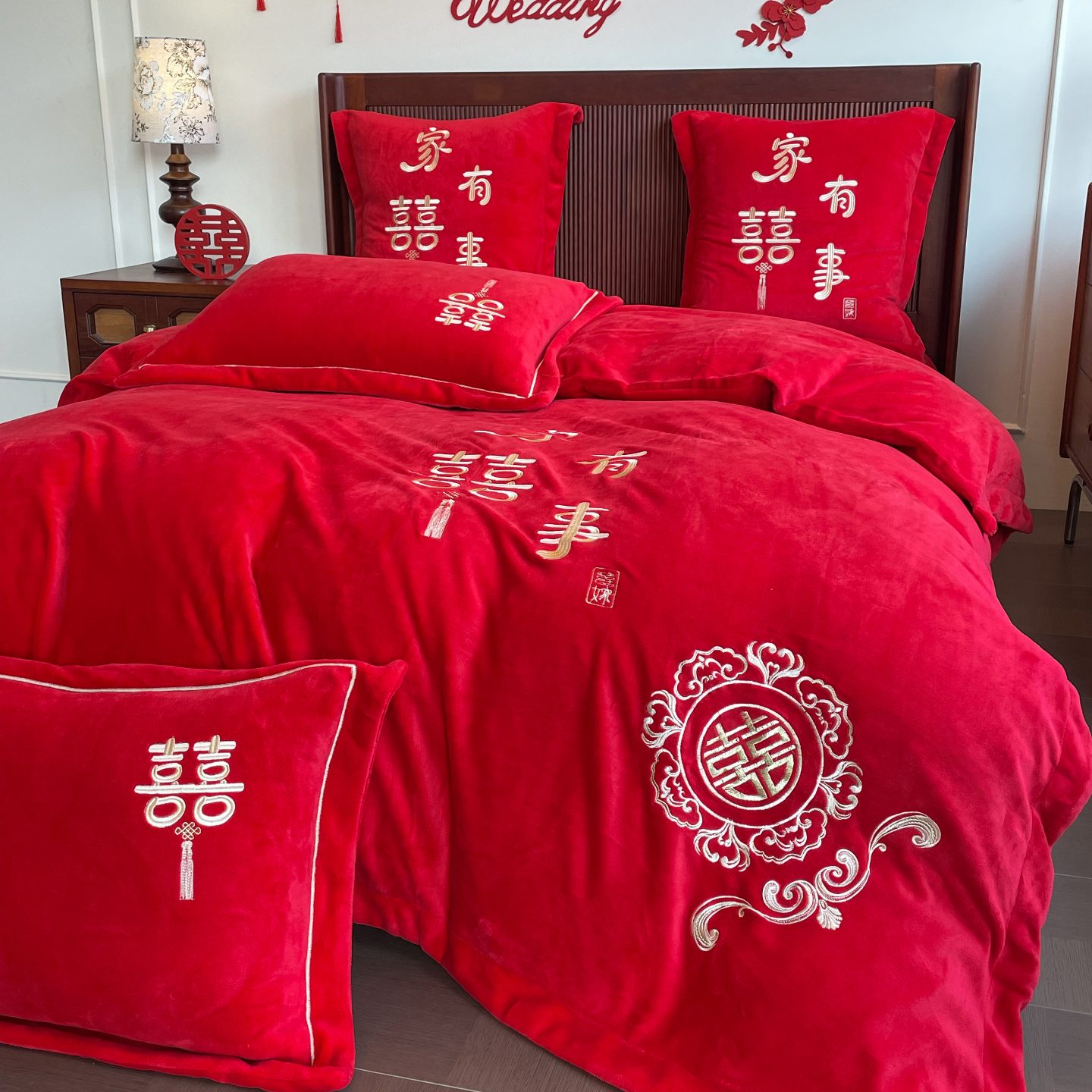 牛奶绒结婚四件套冬季珊瑚绒保暖大红色婚嫁被套喜被婚庆床上用品