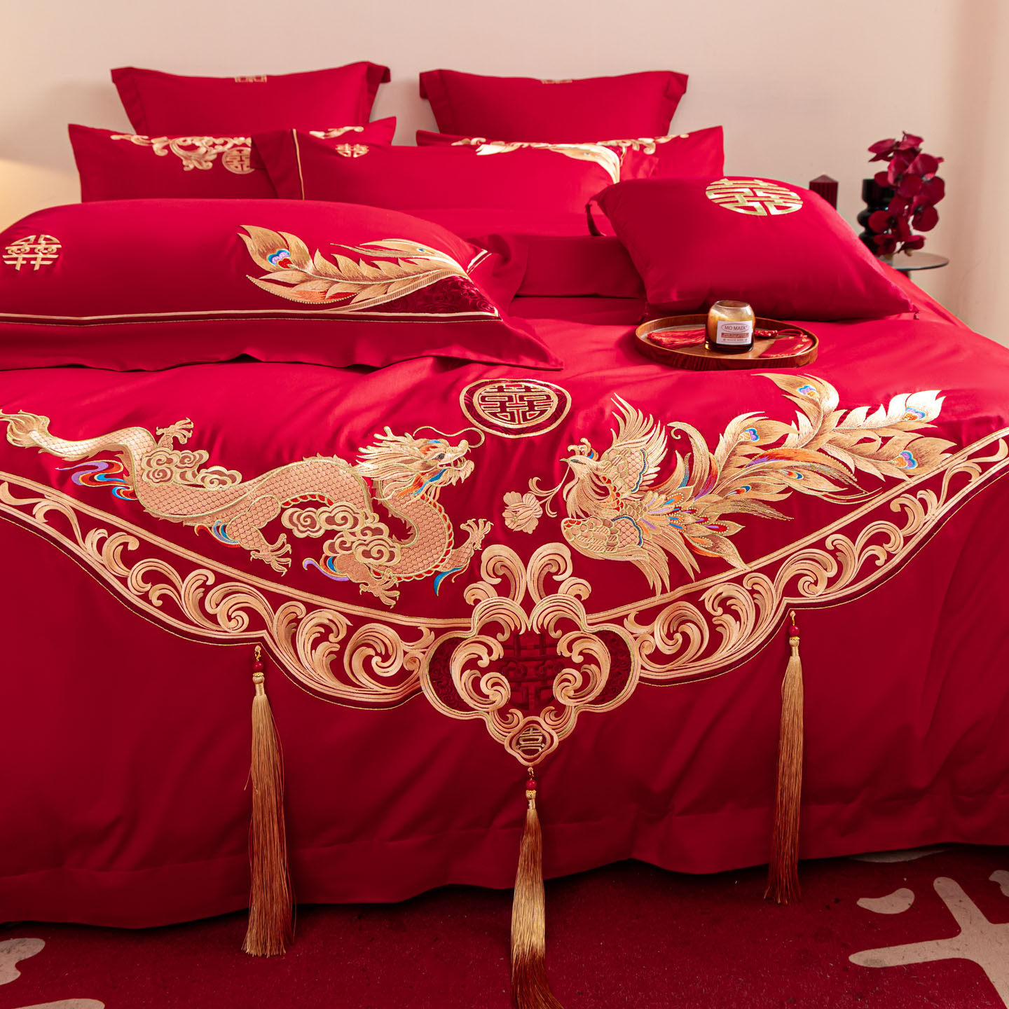 高级感中式纯棉婚庆四件套红色婚房龙凤刺绣被套喜被结婚床上用品