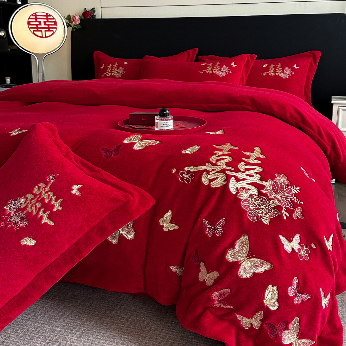 不掉毛防静电结婚大红四件套