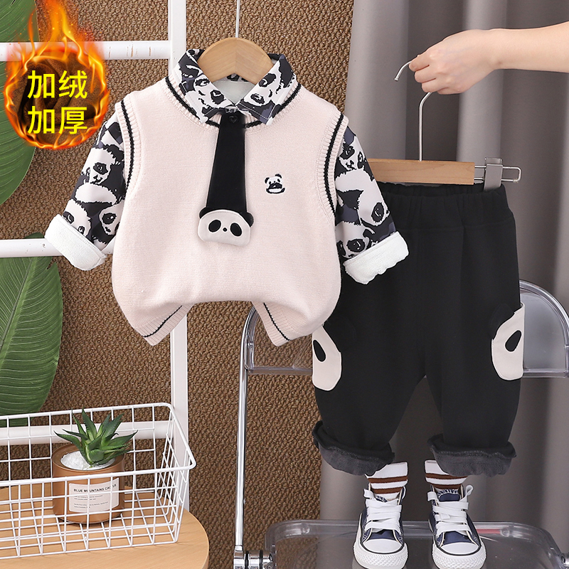 儿童冬装1岁男宝宝加绒毛衣马甲三件套2小童洋气加厚套装4婴儿3潮
