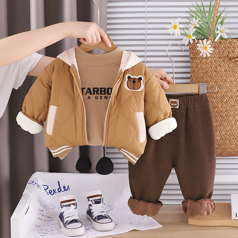 男童冬装1-3岁男宝宝加绒外套三件套婴儿卡通棉衣套装新生儿衣服2