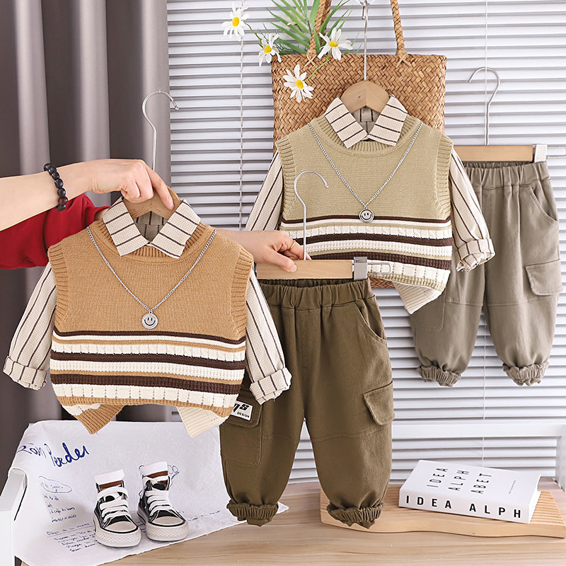 儿童秋季套装1-2-3-4岁男宝宝洋气毛衣马甲背心三件套婴儿衣服潮5