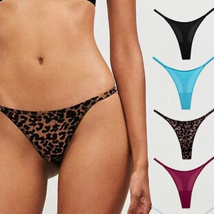 欧美豹纹冰丝丁字裤 性感纯欲辣妹情趣速干高开叉比基尼细带女T裤