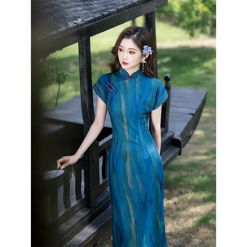蓝风铃新中式短袖优雅旗袍女