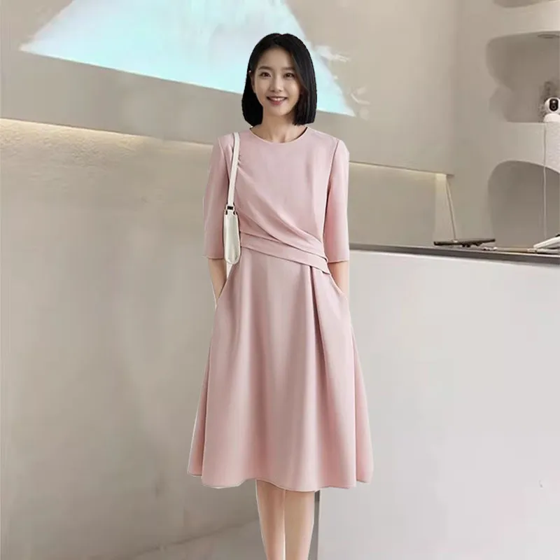 2691大码女装法式船领腰间捏褶网红连衣裙胖mm简约时尚中长款裙子