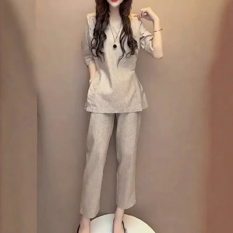250418大爱美依缘夏季新款圆领开叉遮肚纯色套装九分裤显瘦女