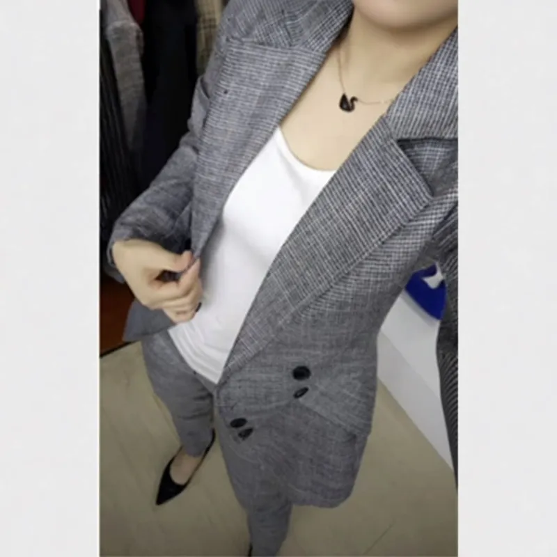 发275大爱美依缘春季新款时尚套装千鸟格翻领上衣显瘦长裤两