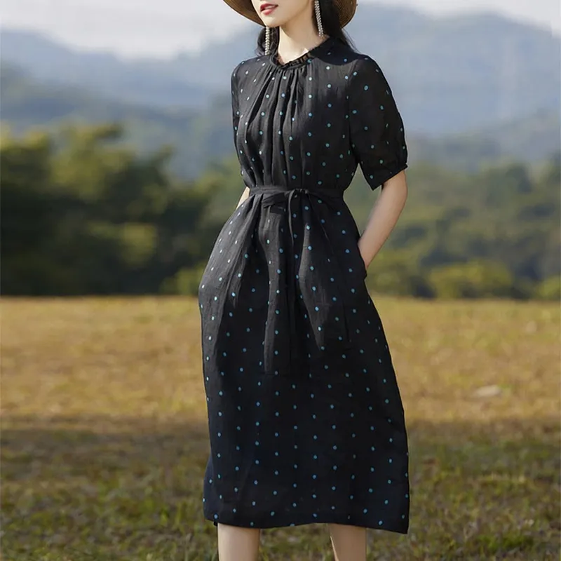春夏100支苎麻复古波点连衣裙