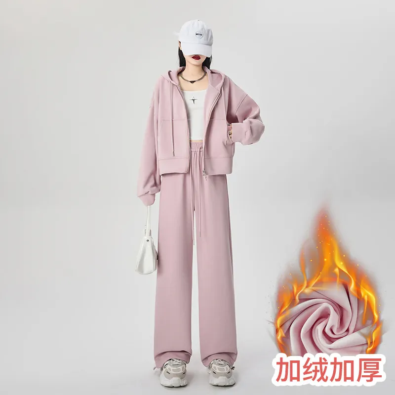 高级感休闲运动套装女秋冬新款连帽卫衣直筒阔腿裤加绒两件套