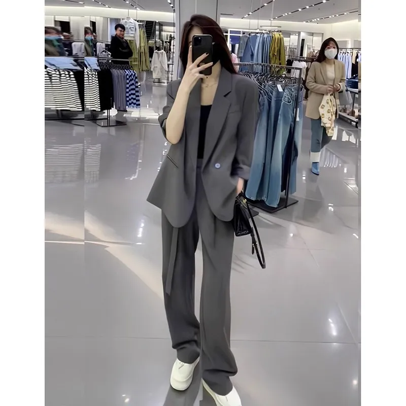 通勤大码女灰色西装两件套显瘦