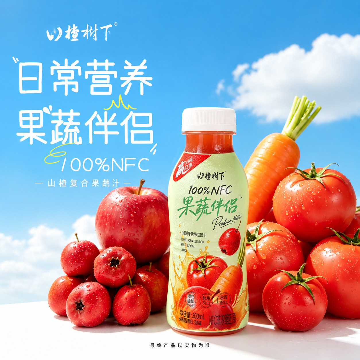 山楂树下NFC非浓缩还原果蔬伴侣100%果汁300ml*9整箱批特价饮料