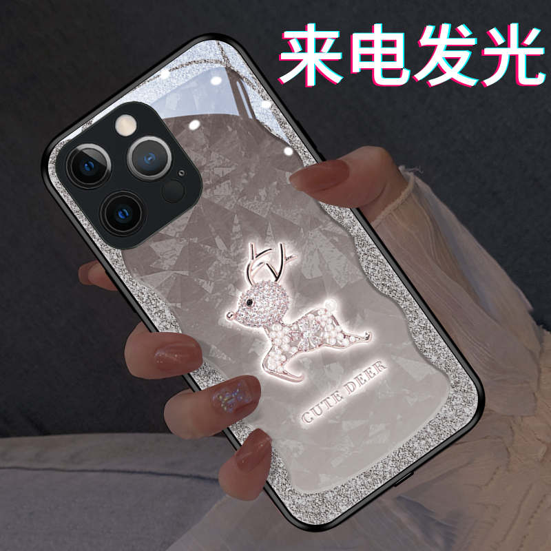 发光流沙小鹿适用苹果16plus手机壳iphone15promax新款14时尚女13mini高档12创意11可爱xs超火潮牌xr玻璃78se